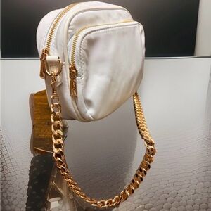 Ahdorned White Nylon Shoulder Bag Gold Chain Strap